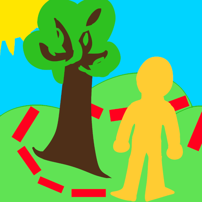 Yellow person figure in foreground of hilly environment. A red dashed-line leads from person's feet around the hills to indicate travel. A brown tree with green leaves stands to the left of the person, helping indicate the idea of the red line going around. A yellow sun sits in the top left corner over a light blue sky background